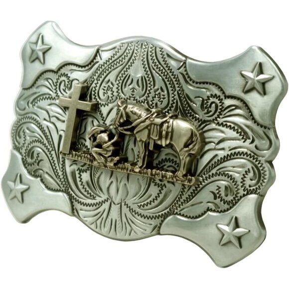 Men's Nickle Religion Cross Cowboy Kneeling Prayer And Horse Design Belt Buckles - Picture 2 of 5